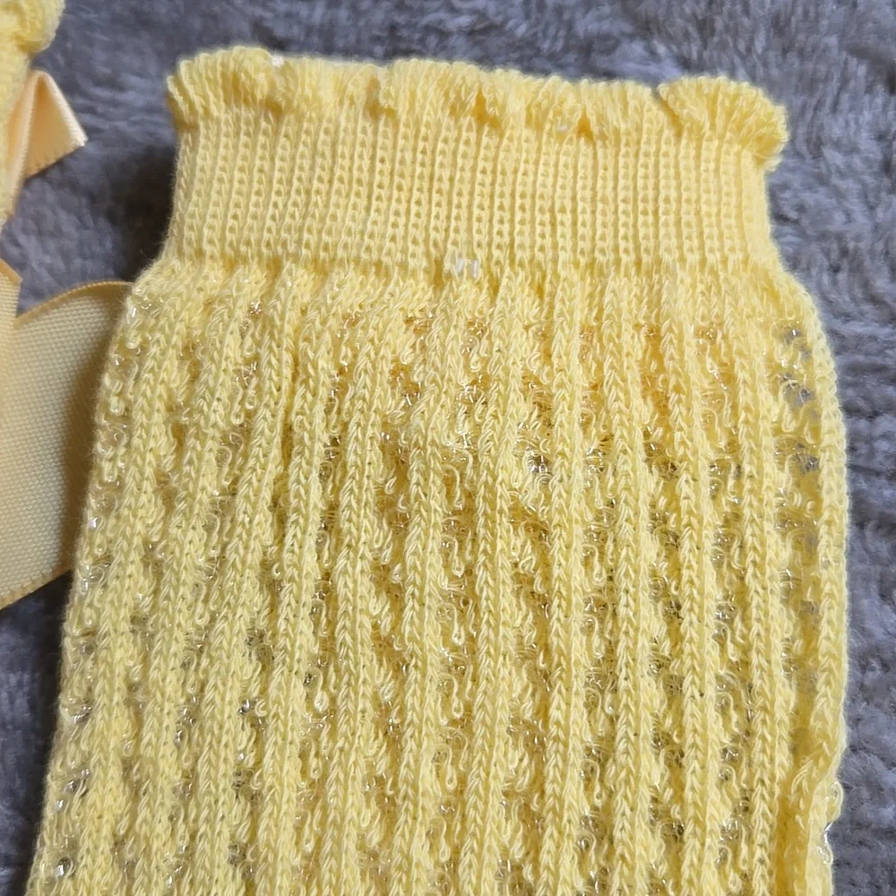 Baby Girl Toddler Knee High Crochet Knit Satin Bowknot Yellow Socks 12-24M